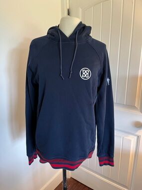 G/FORE Navy Hoodie with Red Stripe Hem and White Logo